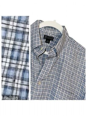 Lands End Baird McNutt Luxury Irish Linen 16 32 L/S Blue Plaid Shirt Coastal